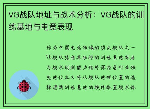 VG战队地址与战术分析：VG战队的训练基地与电竞表现